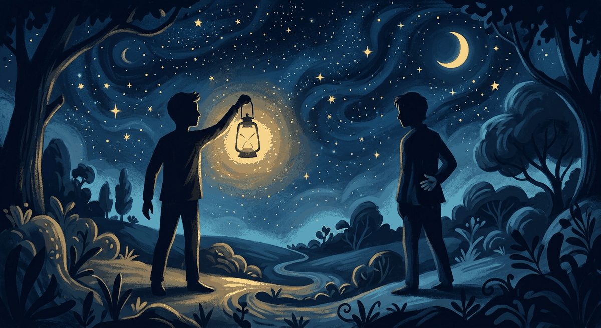 Ilustrasi dua sosok siluet berhadapan dengan satu memegang lampu bersinar di latar malam biru dan aksen emas