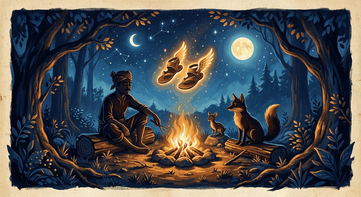 Ilustrasi panggung cerita rakyat bertabir malam biru dengan siluet tokoh cerdik dan aksen emas sayap