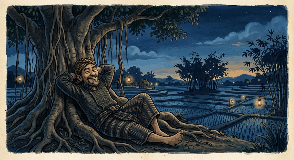 Ilustrasi pemuda bersorjan santai duduk di pohon dengan latar malam biru dan aksen emas