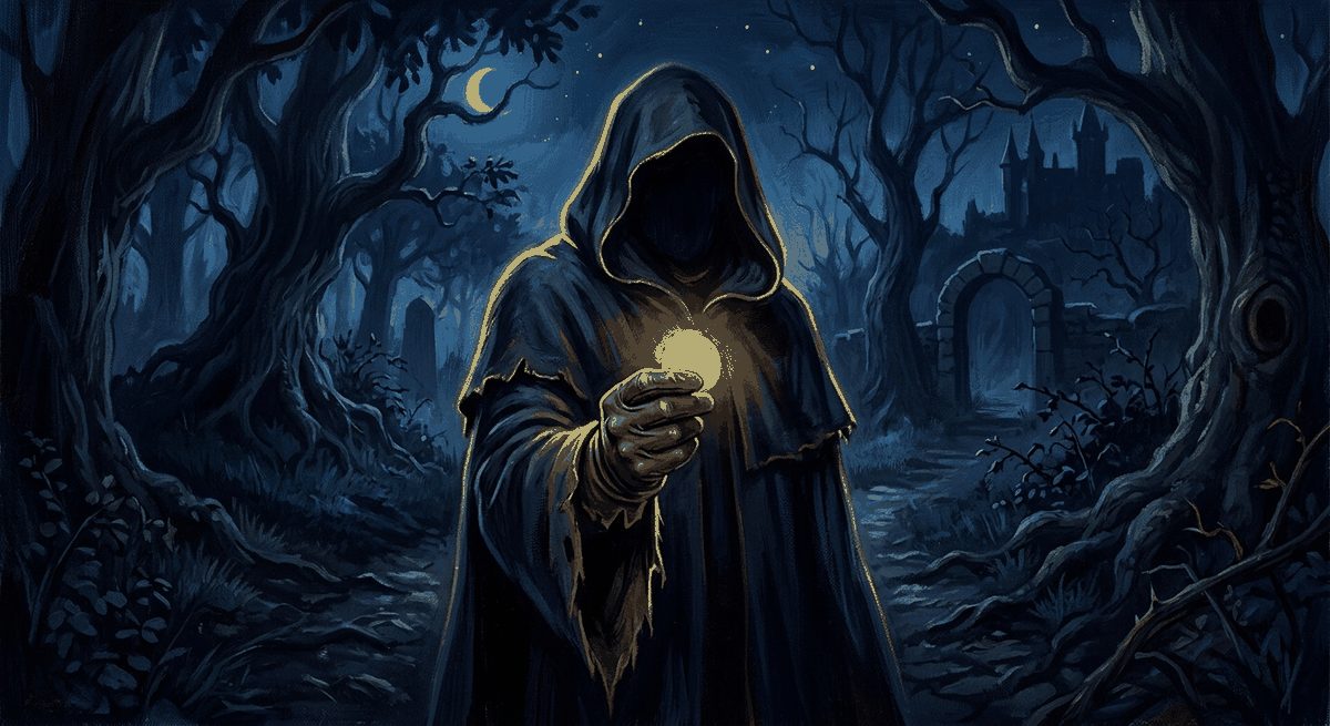Ilustrasi siluet sosok berbalut jubah mengulur tangan menawarkan koin mengilap di latar malam biru dengan aksen emas