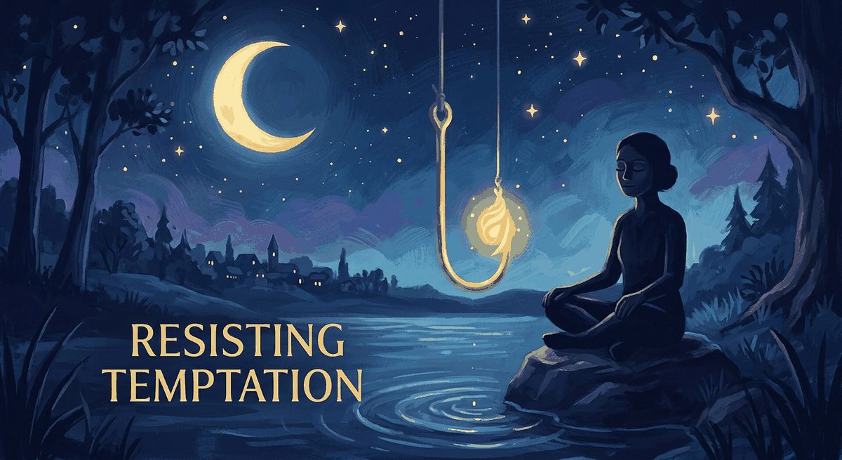 Ilustrasi kail memancing menggantung di depan sosok siluet yang diam menahan diri di latar malam biru dengan aksen emas